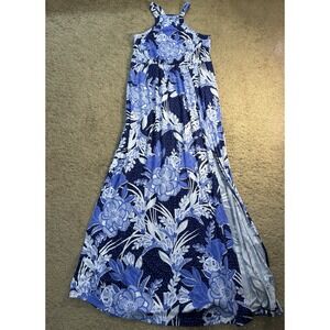 Soma Floral Halter Maxi Dress Women Medium Front Slit Blue Soft Vacation Boho